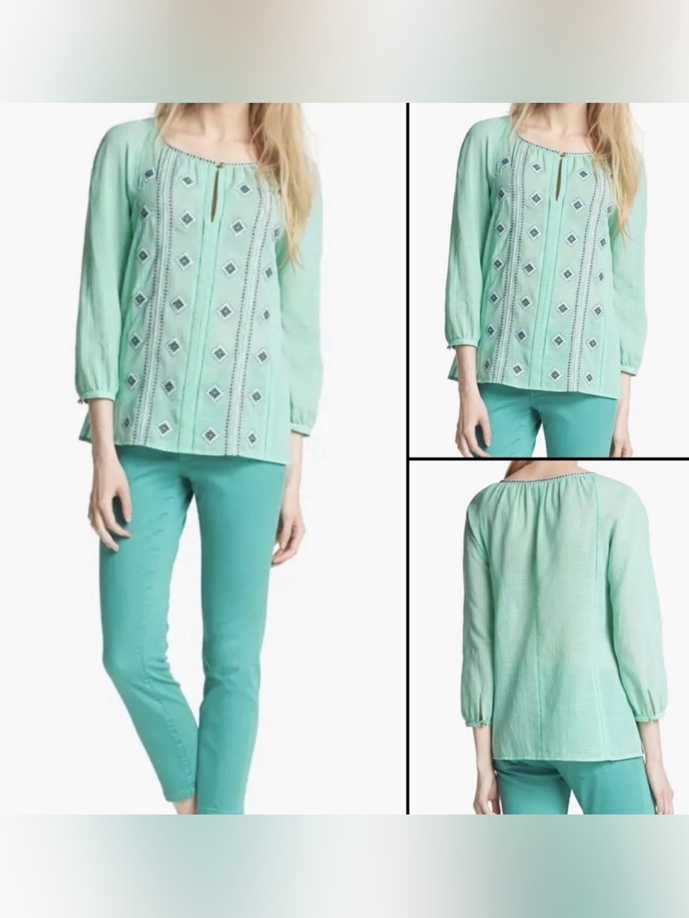 Tory Burch Lucille Seafoam Green Linen Blend Beaded Blouse Cotton Embroidered